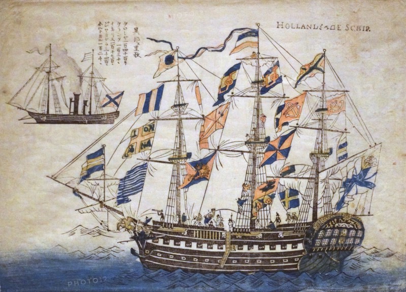 Colour woodblock print depicting a Dutch Ship