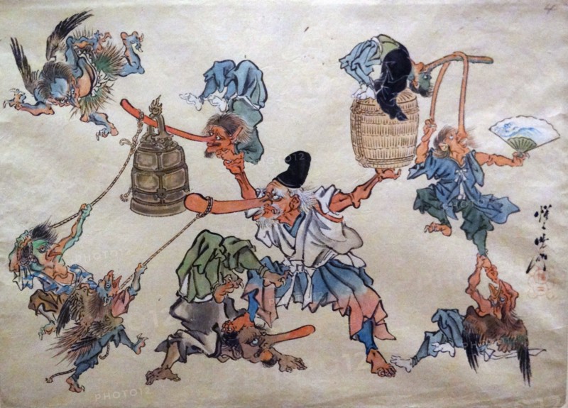 Painting titled 'Tengu harassing King S?j?b?' by Kawanabe Ky?sai