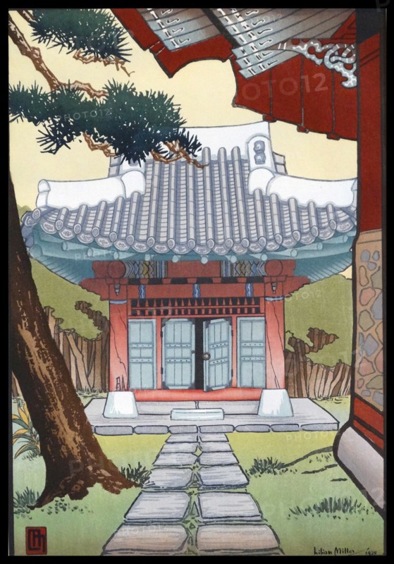 Colour woodcut titled 'A Korean Shrine' by Lillian May Miller