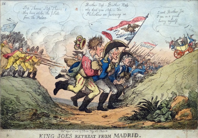 Hand-coloured etching titled 'King Joe's retreat from Madrid' by Thomas Rowlandson