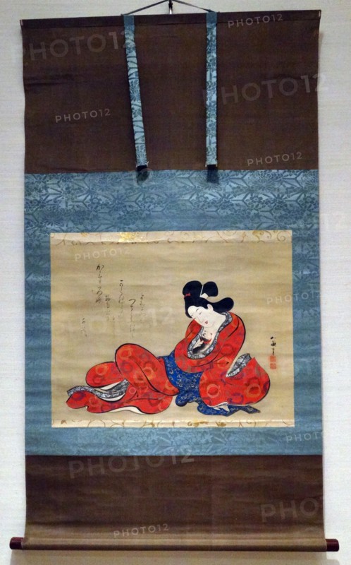 Hanging scroll titled 'Beauty with a cat' by Joran