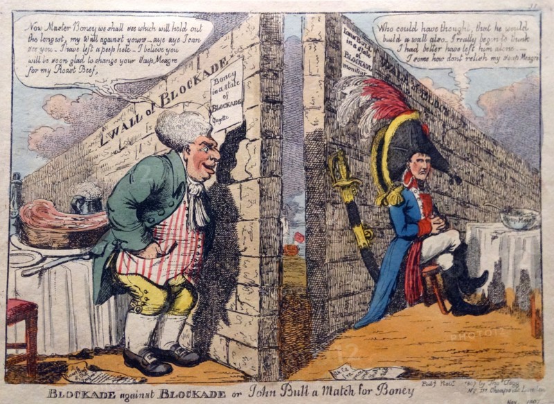 Hand-coloured etching titled 'Blockade Against Blockade' by Charles Williams