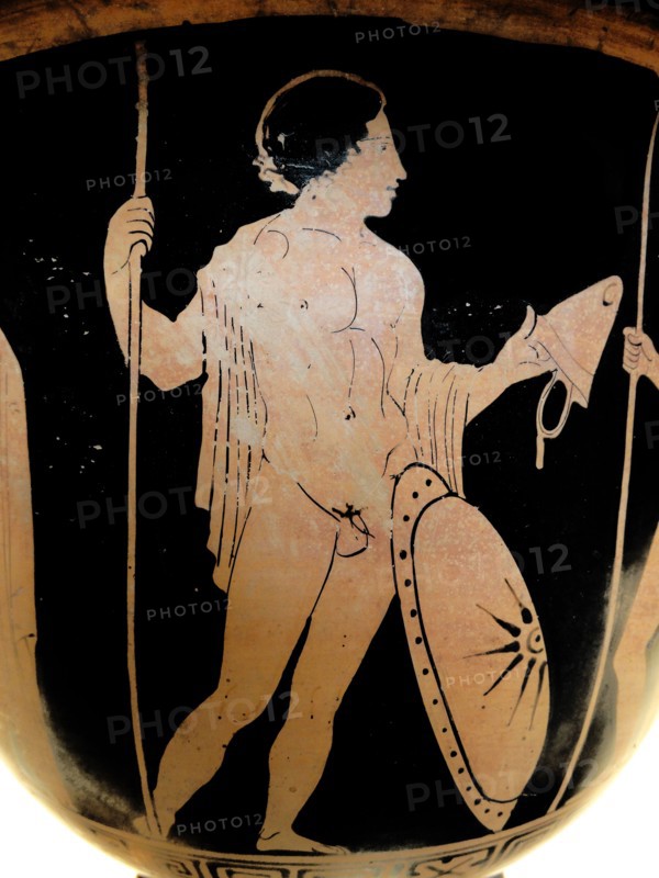Red-figured bell-krater (wine-bowl) with an arming scene
