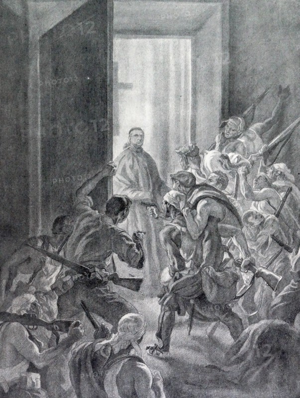 Catholic priest mobbed by an anarchist riot in the Spanish Civil War.