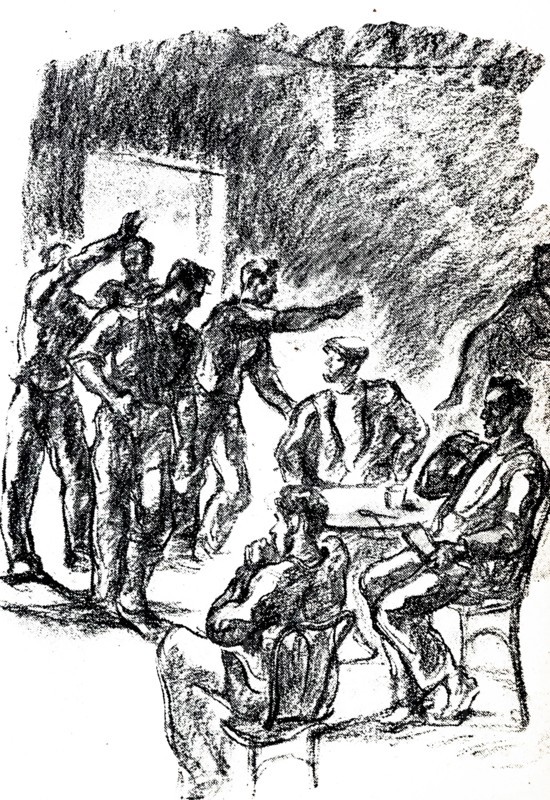 Falangist's entering canteen in the Spanish Civil War.