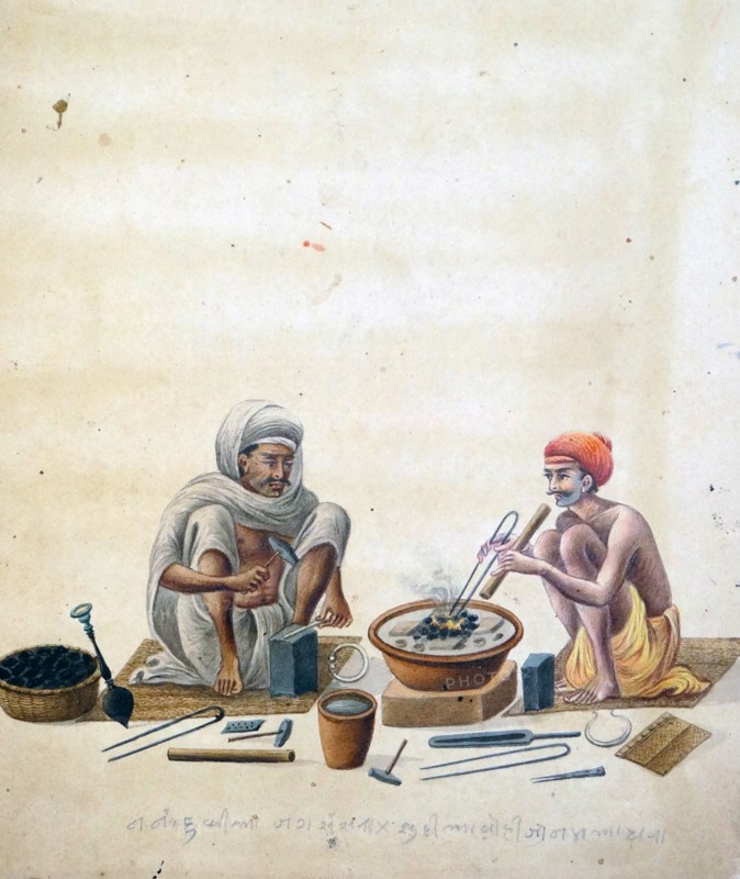 Watercolour illustration of a silversmith and his assistant