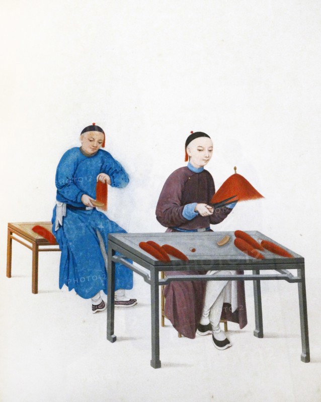 Colour illustration depicting Chinese men making tassels for hats
