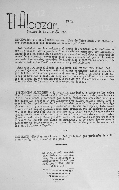El Alcazar'. established in 1936 the paper was founded as the principal nationalist mouthpiece during the Siege of the Alcazar i