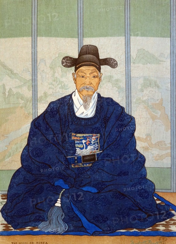 Colour woodcut titled 'The Scholar' by Elizabeth Keith