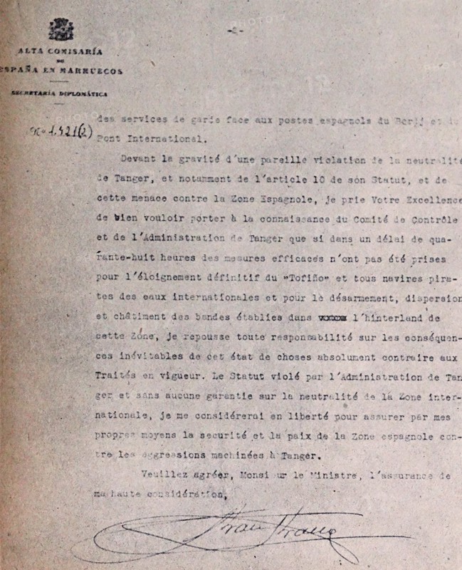 Message to te commander at Tangiers from Francisco Franco