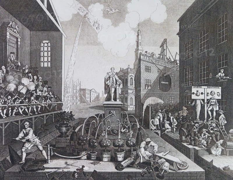 (Scene showing two criminals in a pillory or stocks in London
