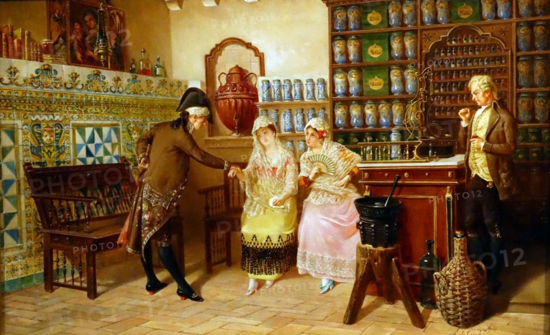A medical practitioner taking a lady's pulse in a pharmacy' by Emili Casals I Camps