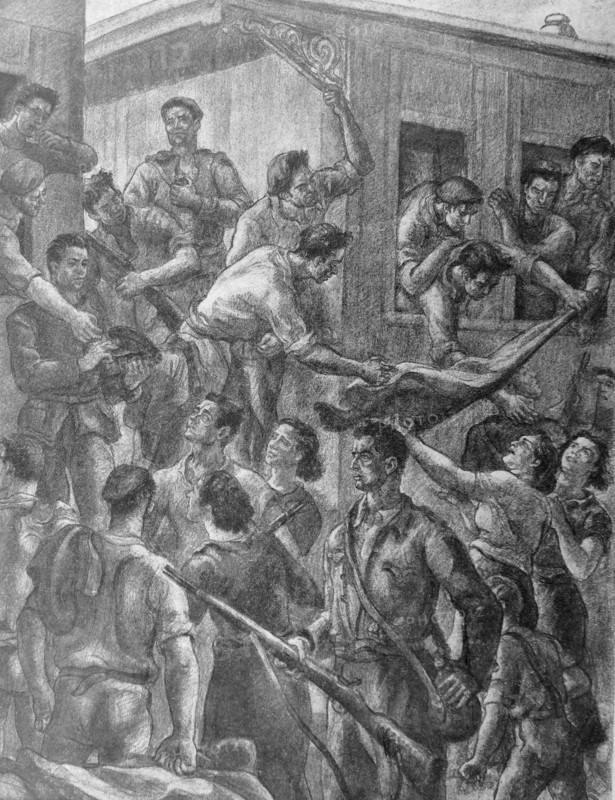 Propaganda illustration depicting drunken Anarchist militia seizing a train