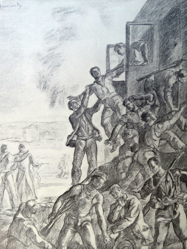 Propaganda illustration depicting Nationalist soldiers seizing a Republican train