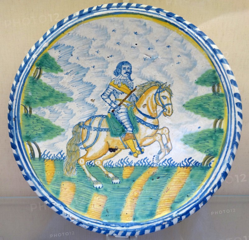 Tin-glazed earthenware dish with equestrian figure
