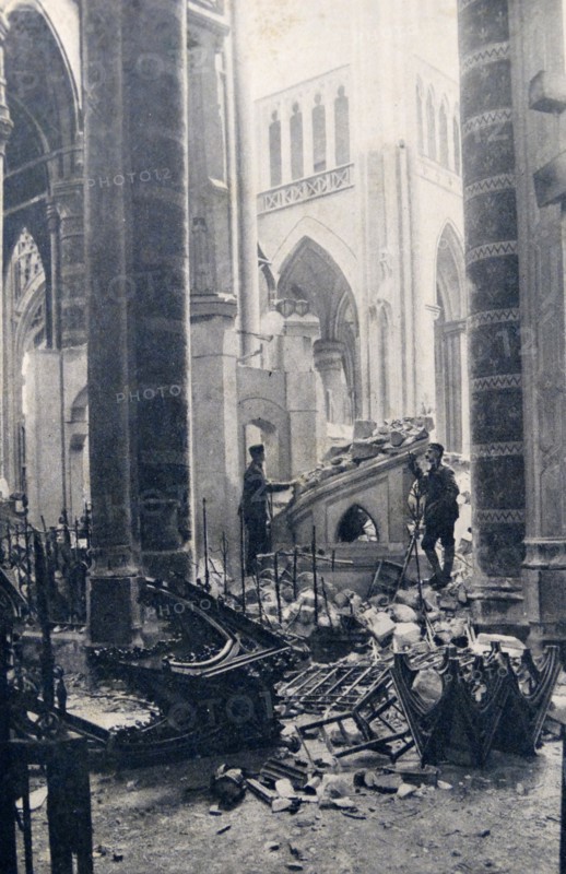 Photograph showing the aftermath of the bombing of the Cathedral of San Quintin