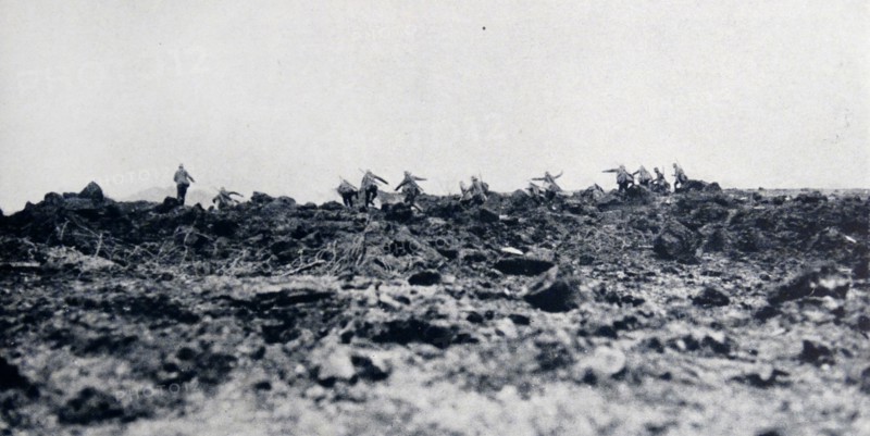 World war One: German troops run across a muddy terrain