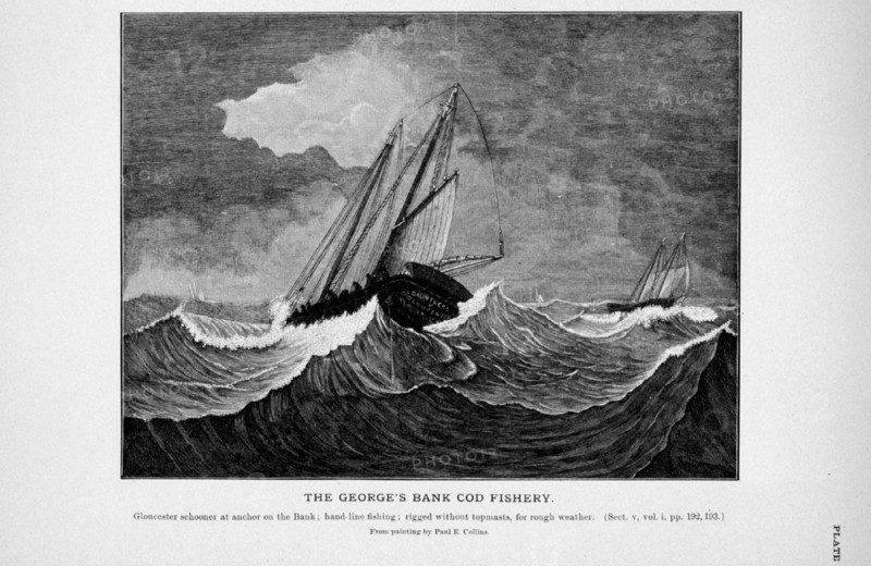 Gloucester schooner at anchor on George's Bank in winter