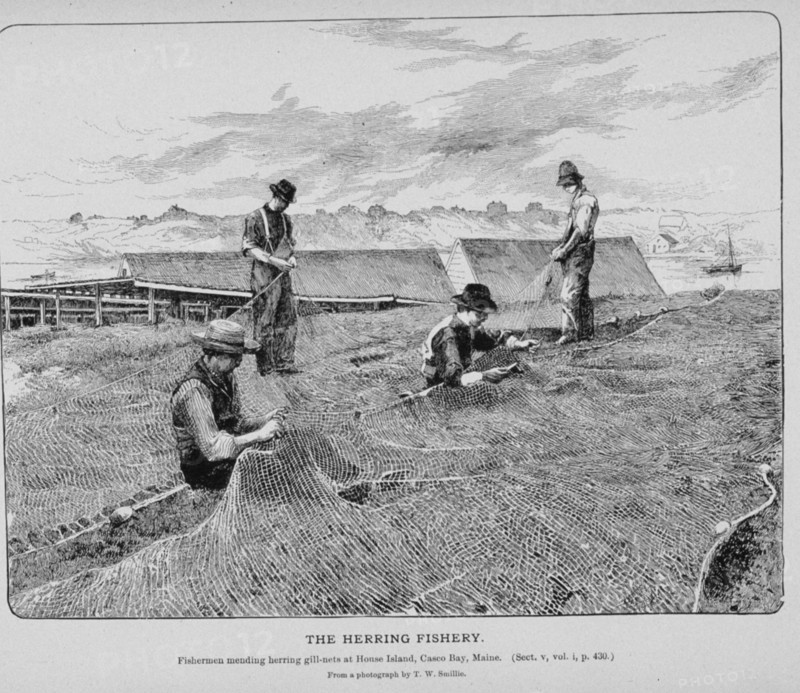 Fishermen mending herring gill-nets at House Island