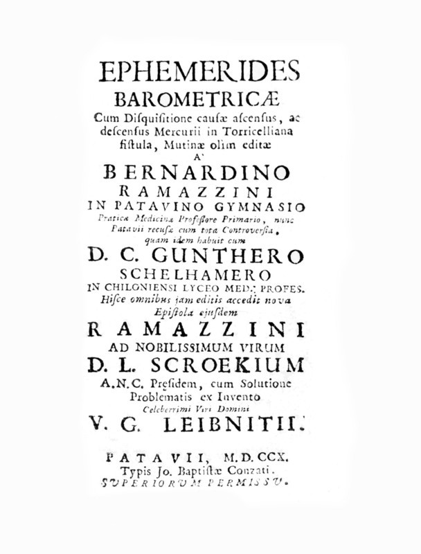 Title page to: Ephemerides barometricae cum disquisitione causae ascensus by Bernardino Ramazzini