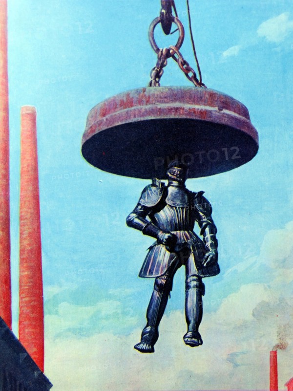 A suit of armour lifted by an electro-magnet 1936