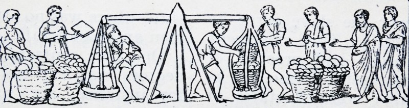 Woodcut depicting Roman slaves weighing produce