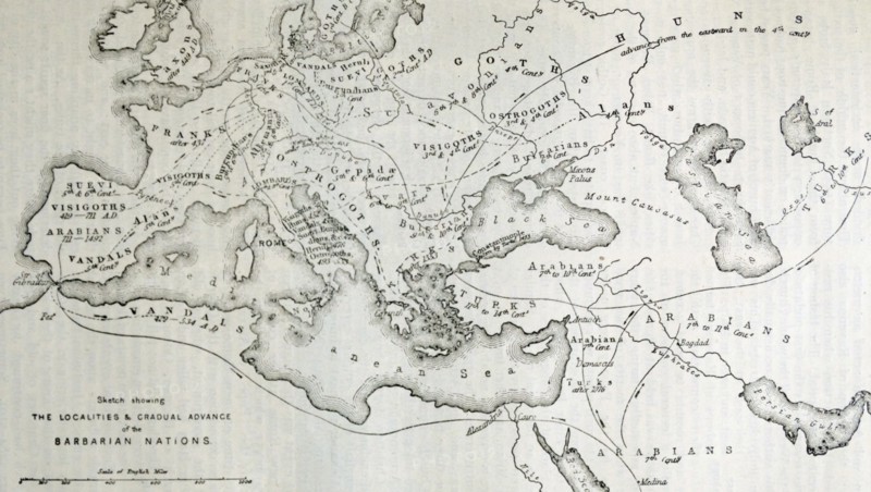 Map illustrating the localities of origin or occupation, and gradual advance of the Barbarian Nations