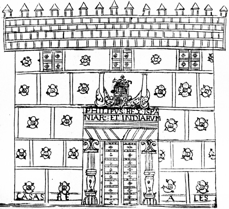 Woodcut depicting the Façade of the National Palace in Mexico