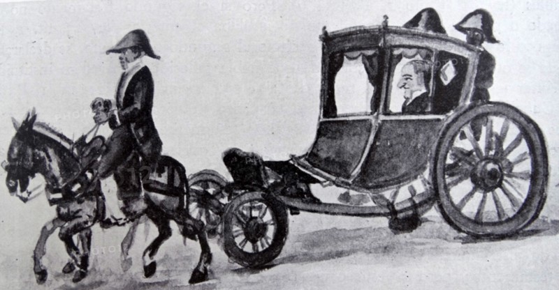 Watercolour titled 'The Colonial Society: Chaise Judge of the Royal Audience' by Pancho Fierro