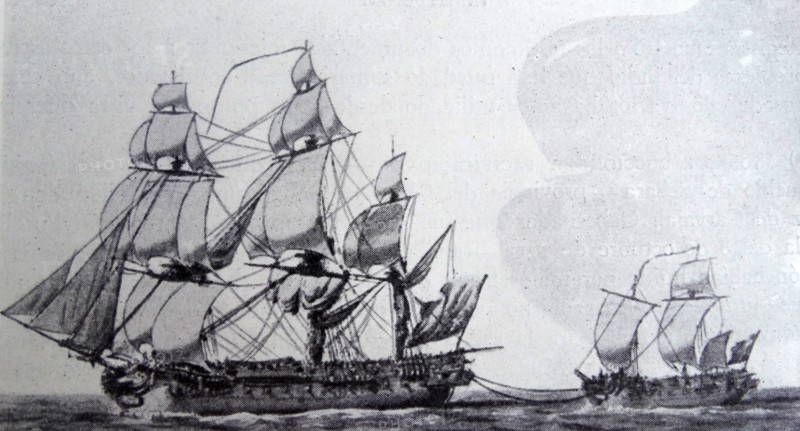 18th century Spanish warship with smaller vessel in tow 1790