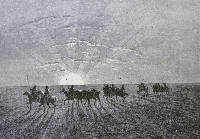 Painting depicting the sun setting in the Mongolian Desert