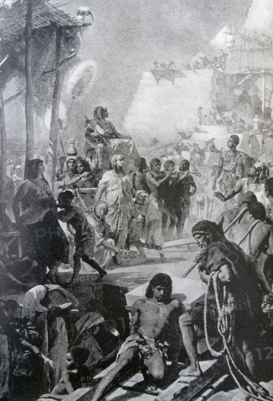 Painting depicting the construction of the pyramids in Egypt