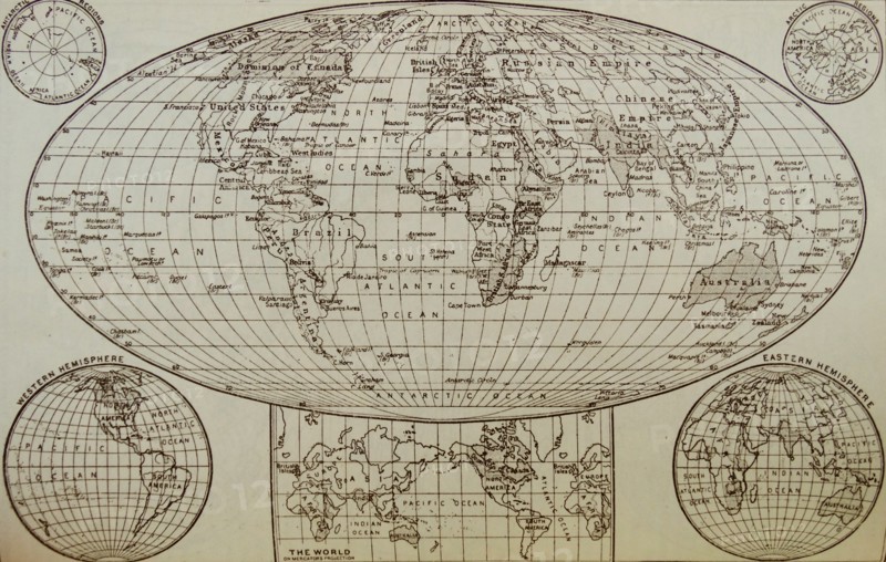 Modern representation of the world shown on three different projections