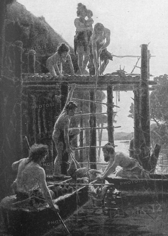 Lake-dwellers returning from the hunt in their dug-out canoes