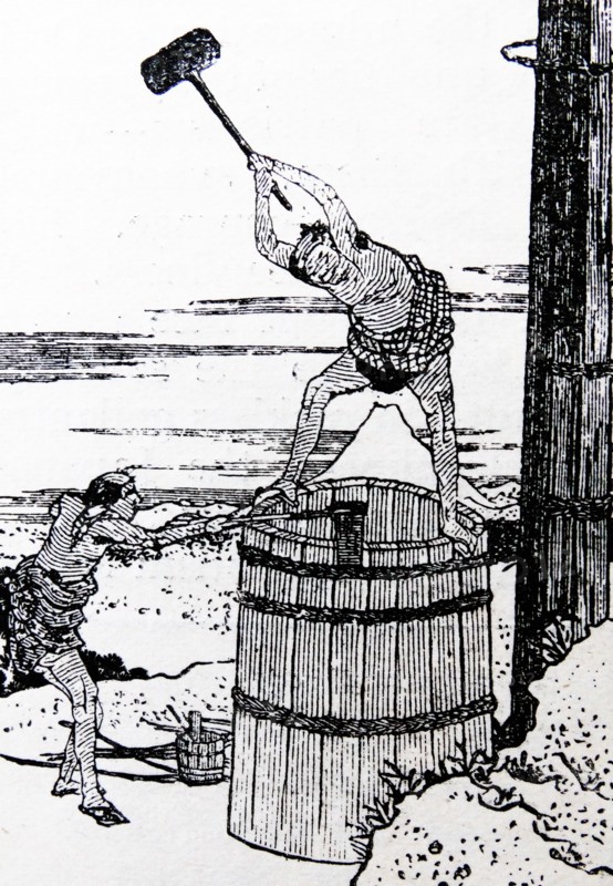 Japanese woodcut depicting coopers making a large barrel