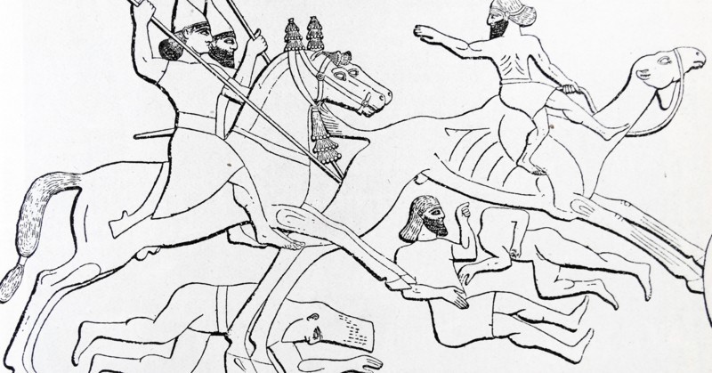 Woodcut depicting a chase in the desert during the days of Nineveh's Power