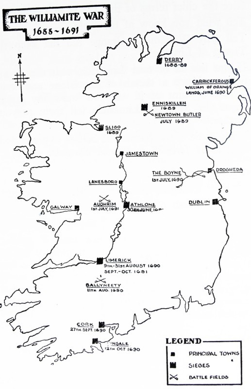 Map depicting the Williamite War in Ireland