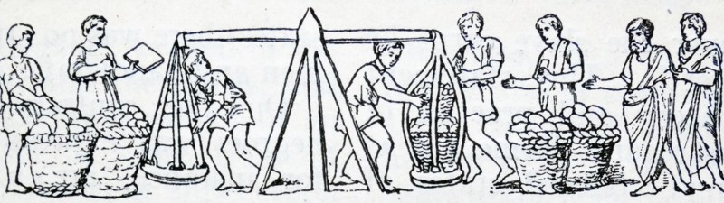 Drawing depicting Roman traders using weighing scales for baskets of goods