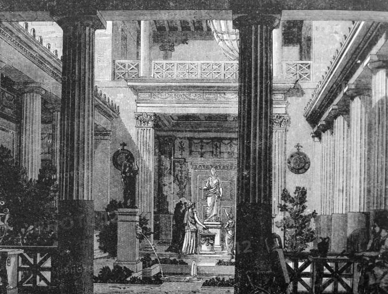 Illustration depicting the interior court of a Greek house with a statue of the Goddess Hestia