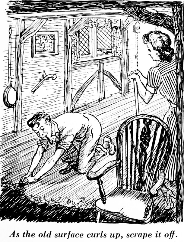 Illustration of a Carpenter treating a wooden floor