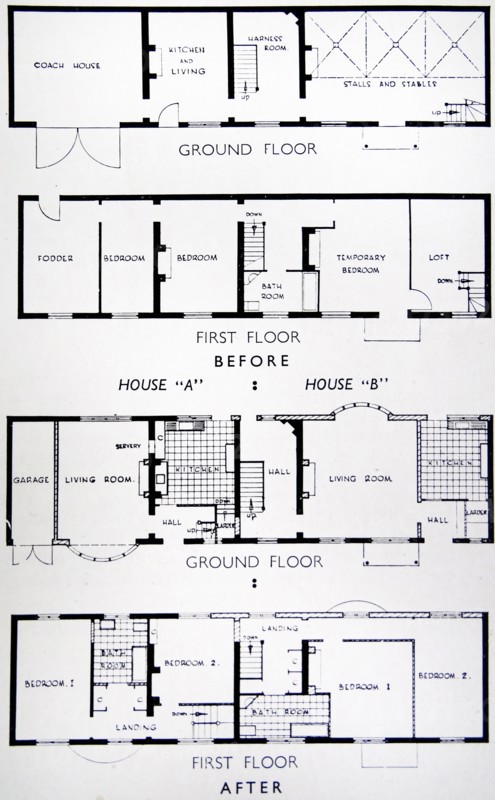 Floor plan of adjoined houses with stables and a coach house