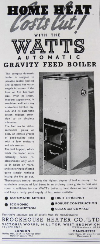 Advert for a Watts Automatic Gravity Feed Boiler