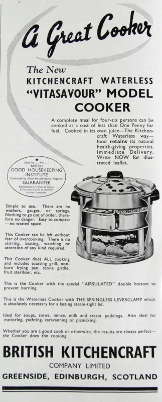 Advert for the 'new' kitchen craft waterless vitasavour model cooker