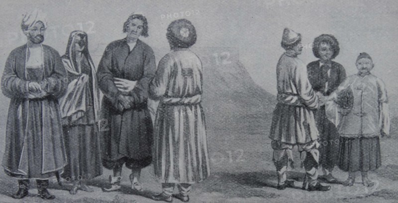 Illustration depicting the Ghilzai chieftain with tribesmen and hazara peasants of Ghazni