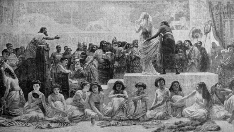 Painting depicting the slavery of women in the Babylonian Marriage Market
