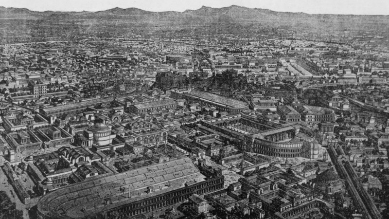 Engraving depicting a General view of Rome during the time of Aurelian