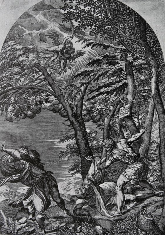 The engraving shows Titian's altarpiece