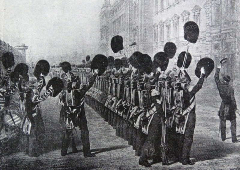 Scots Guards cheer the Queen of Great Britain