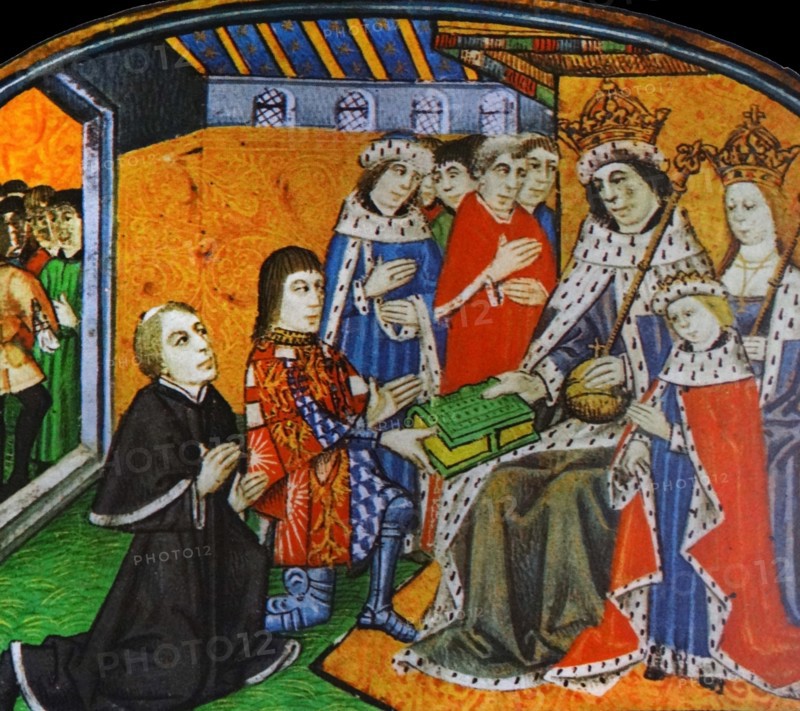 Anthony Woodville and William Caxton presenting the first printed book in English to King Edward IV