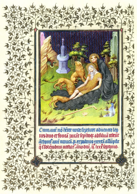 Illumination depicting the Story of Saints Anthony and Paul the Hermit from the Belles Heures of Jean de France